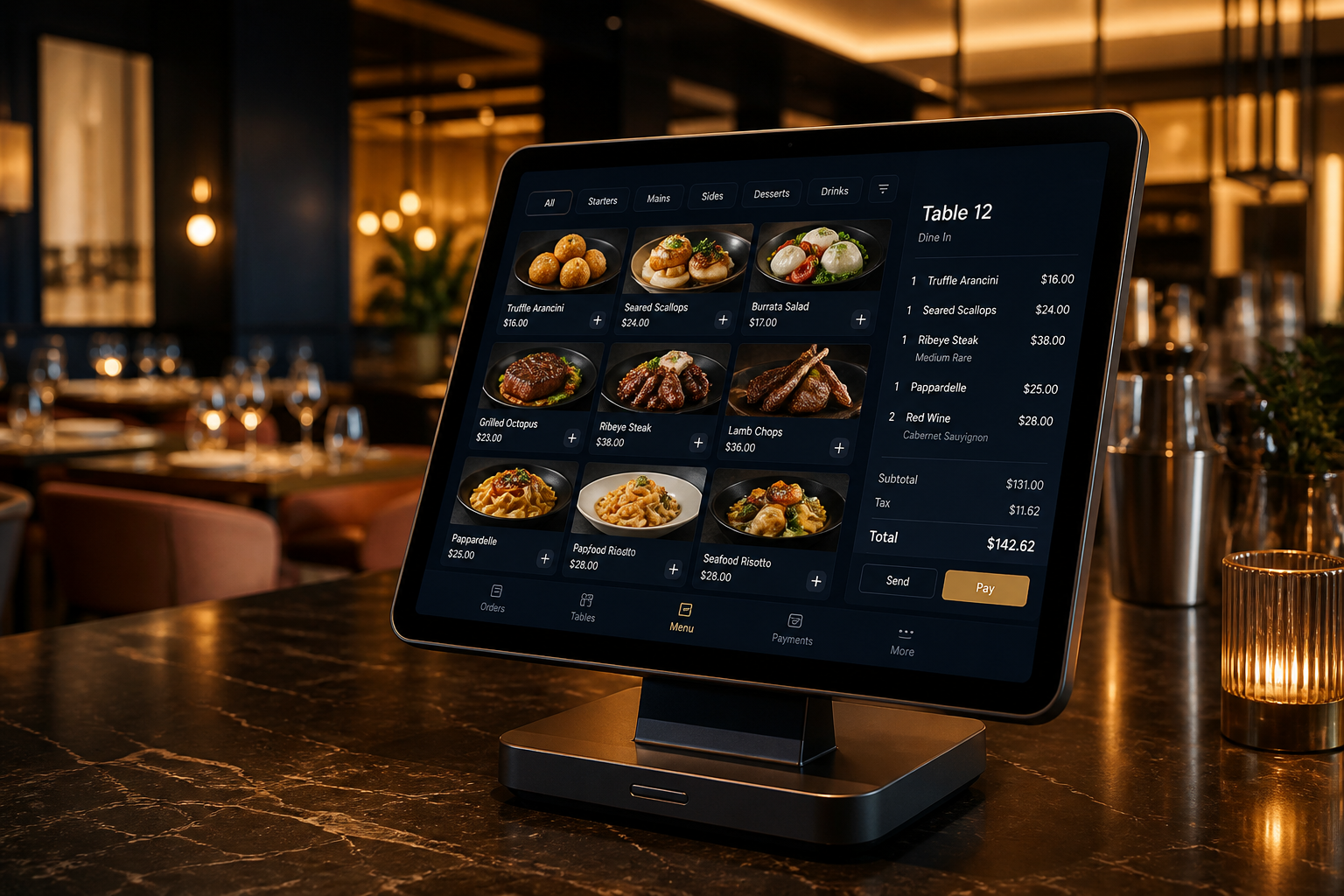 Restoran tezgâhında yemek kartları ve adisyon paneli açık HesapKimde POS terminali